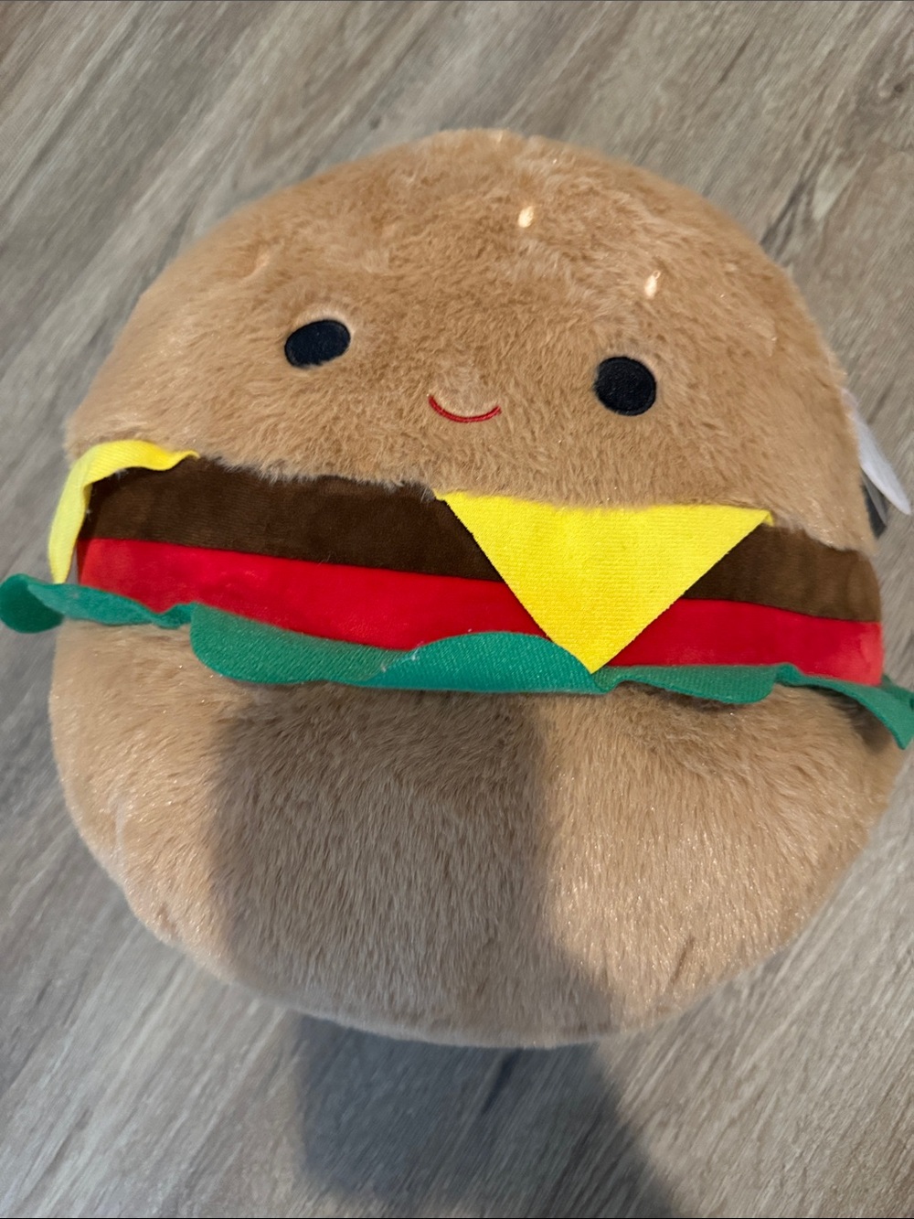 Squishmallows Brown Cheeseburger Plush with Yellow, Red & Green Accents